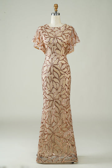 Champagne Sequins Long Ball Dress with Slit Back